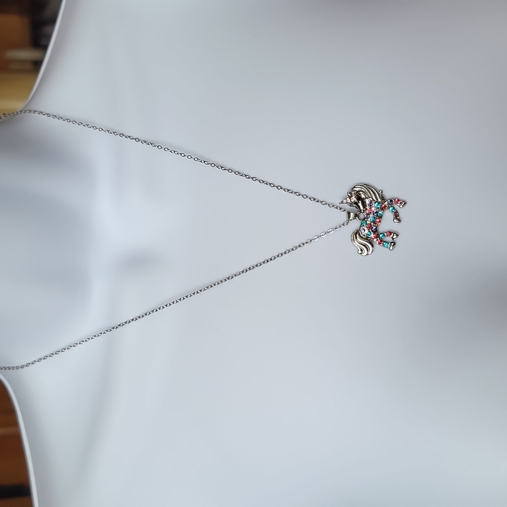 Unicorn Pendant Necklace Girls Silvertone Multi Color Rhinestones 19" Adj New - Picture 2 of 10